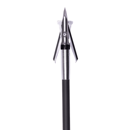 1. Precision arrow broadhead on shaft for hunting and archery accuracy.
