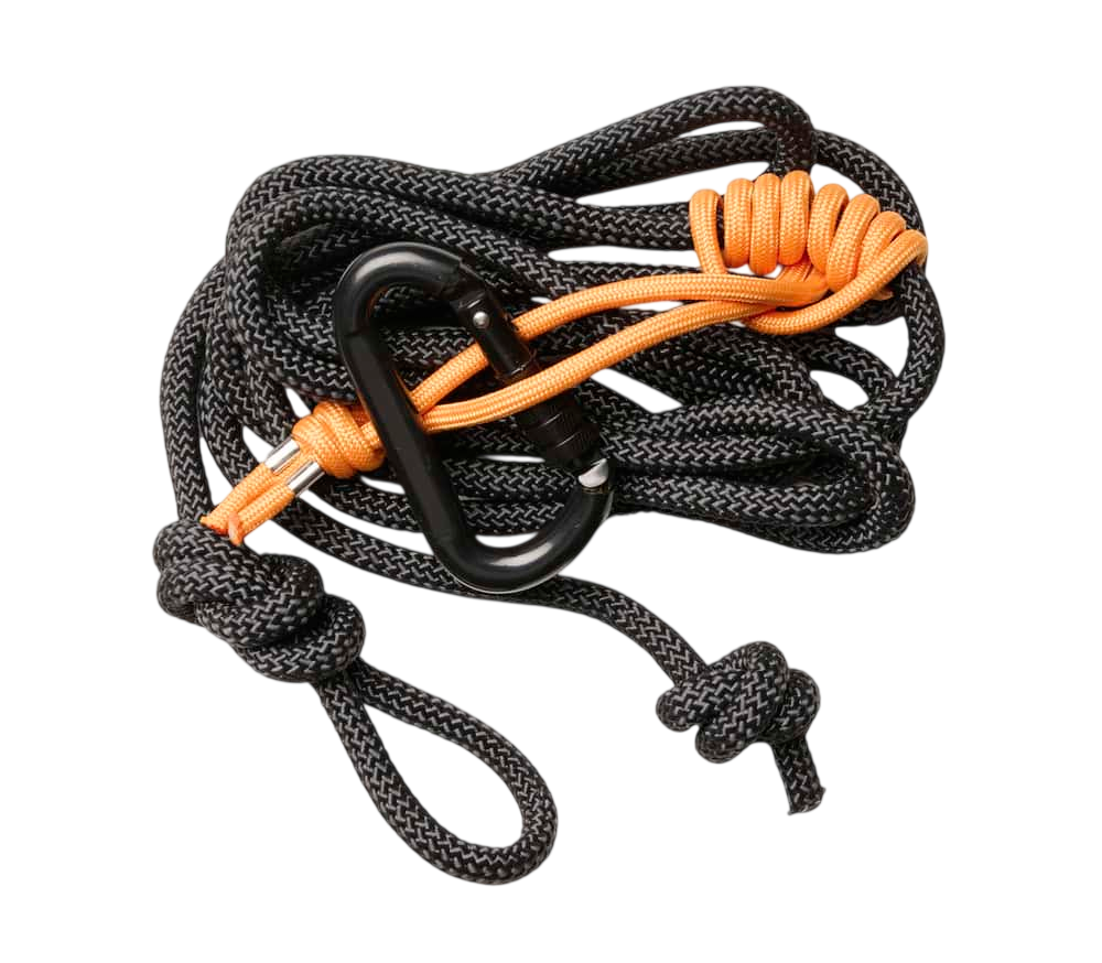 Black and orange rope with carabiner, ideal for outdoor climbing and safety applications.