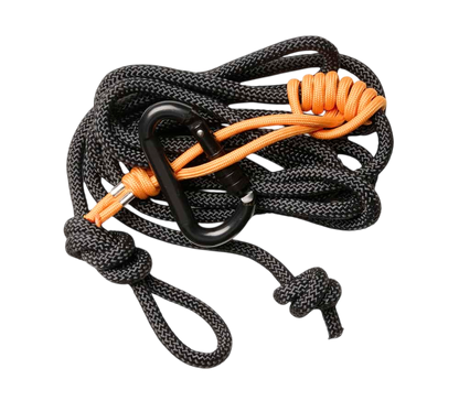 Black and orange rope with carabiner, ideal for outdoor climbing and safety applications.