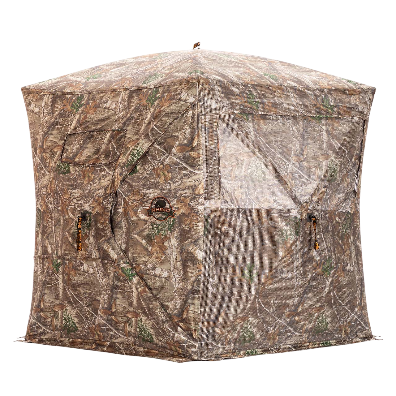 Camo hunting blind with mesh windows and zippered entrance for bowhunting in outdoor terrain.