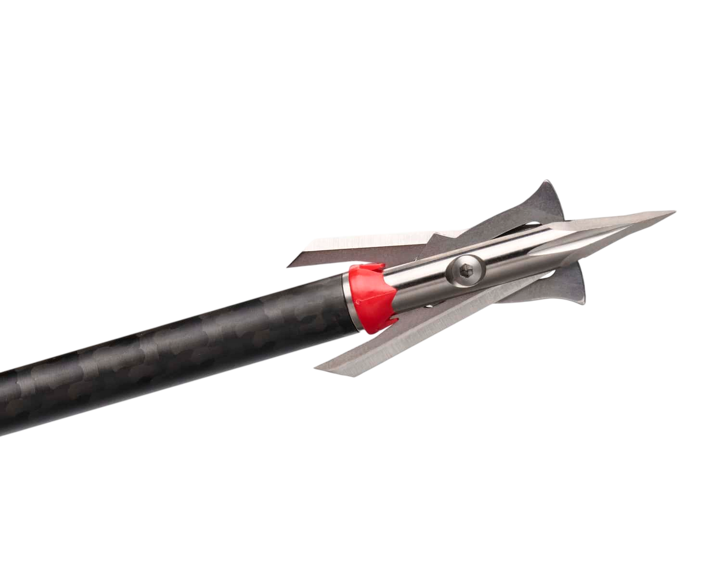 High-strength mechanical broadhead arrow tip on carbon shaft for bowhunting and archery.