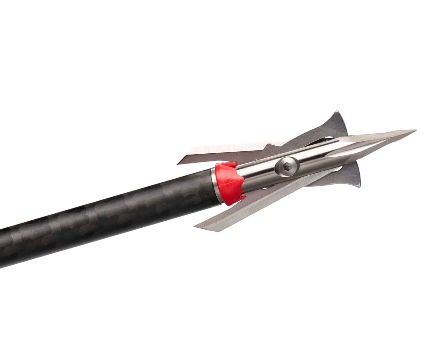 High-strength mechanical broadhead arrow tip on carbon shaft for bowhunting and archery.