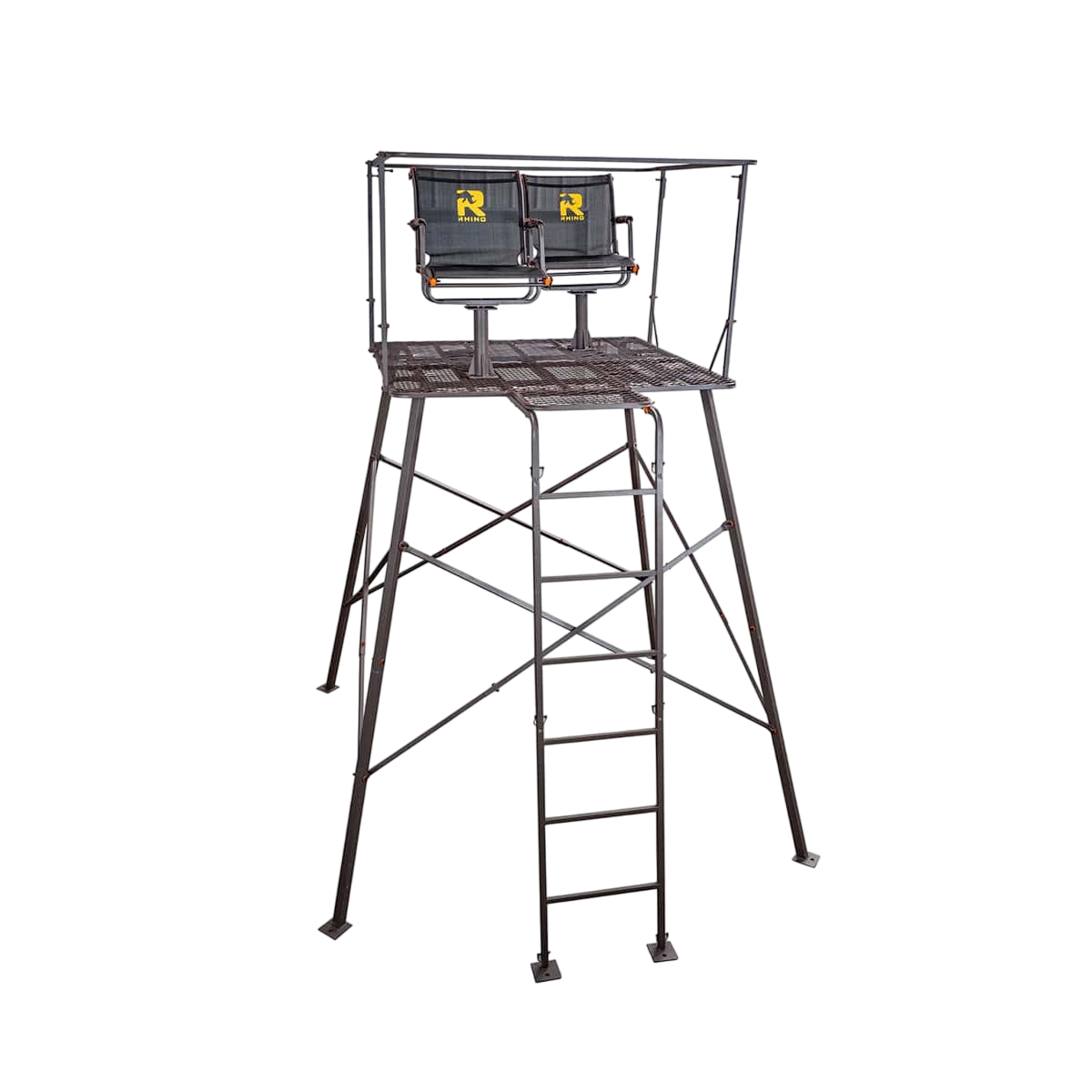 Heavy-duty hunting tripod with built-in seats and platform for bowhunting.