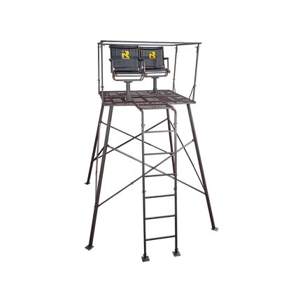 Heavy-duty hunting tripod with built-in seats and platform for bowhunting.