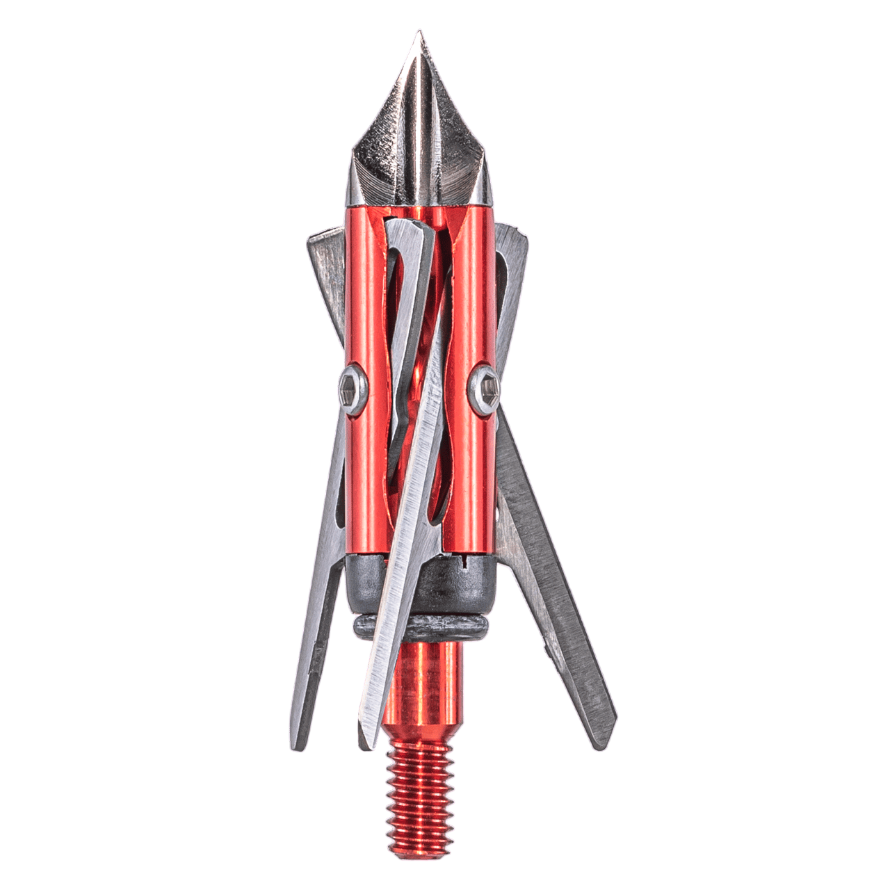 Red broadhead arrow tip with adjustable blades for archery hunting.