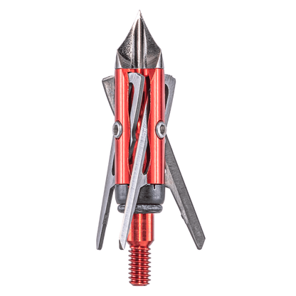 Red broadhead arrow tip with adjustable blades for archery hunting.