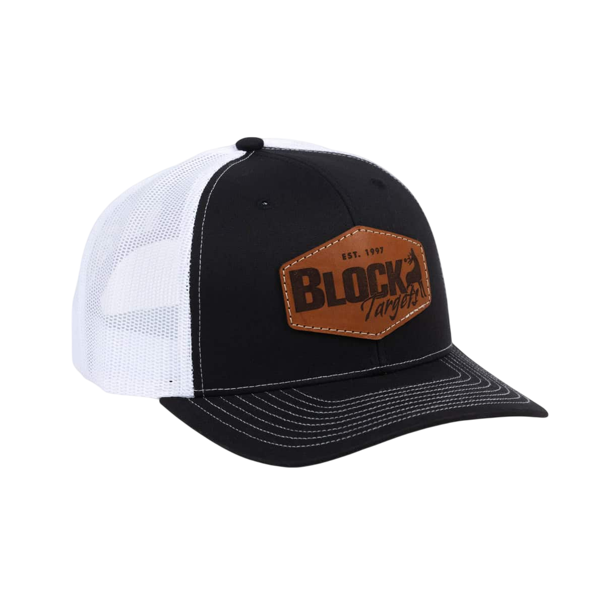 Vintage trucker cap with leather patch and mesh back, ideal for outdoor activities.