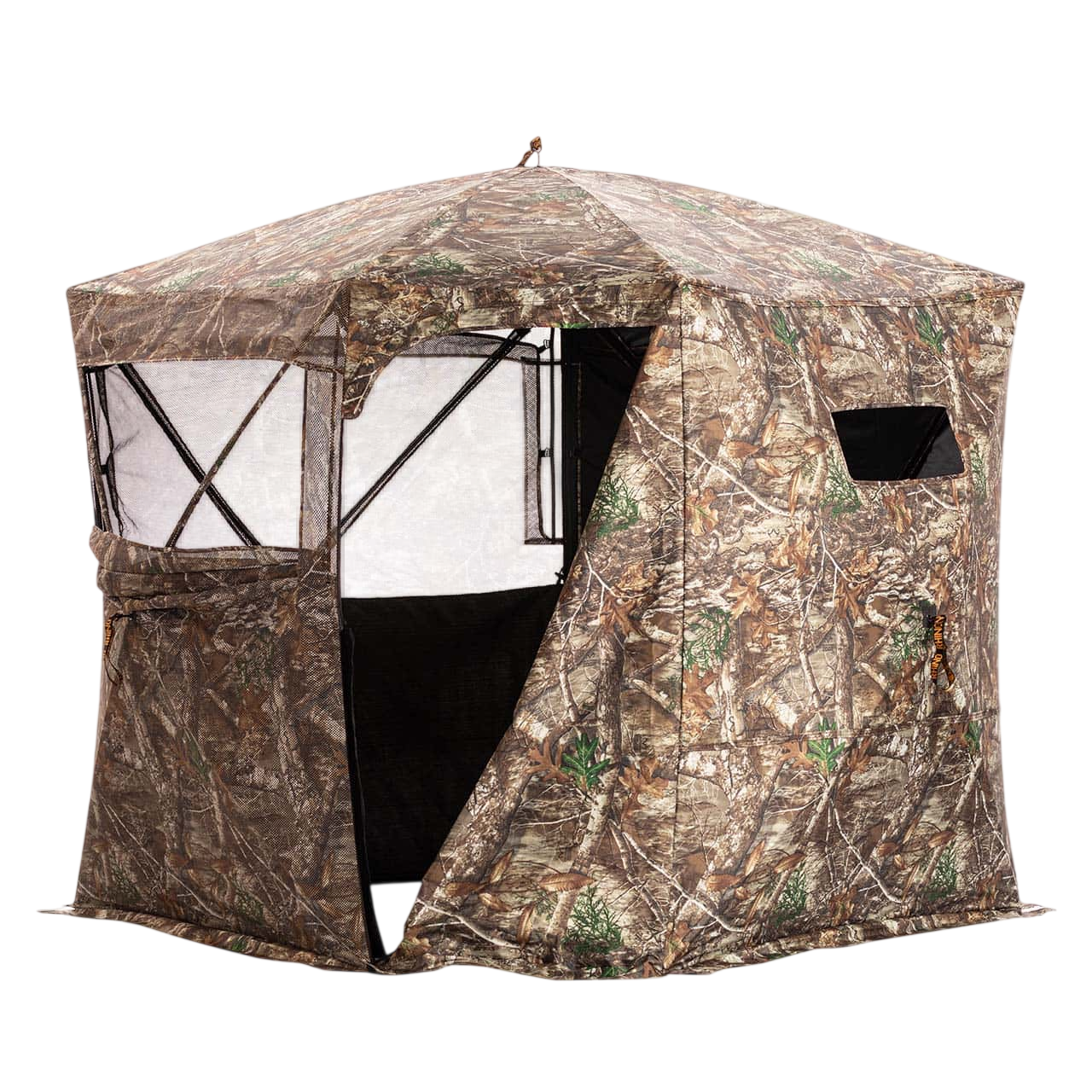 Camo deer blind tent with mesh windows, ideal for hunting and outdoor concealment.