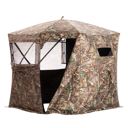 Camo deer blind tent with mesh windows, ideal for hunting and outdoor concealment.