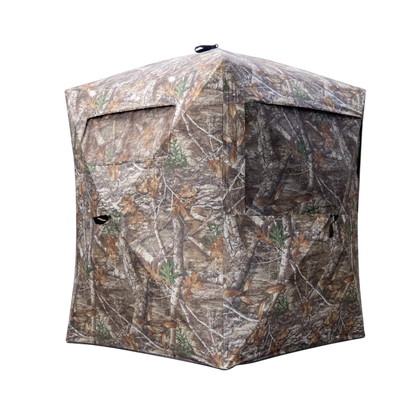 Camouflage hunting blind for outdoor archery and bowhunting activities.
