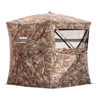 Camouflage hunting blind for bowhunting and outdoor wildlife observation.