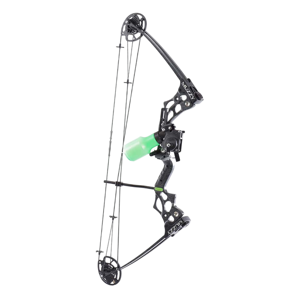 High-performance black compound bow with green grip, designed for archery and bowhunting.