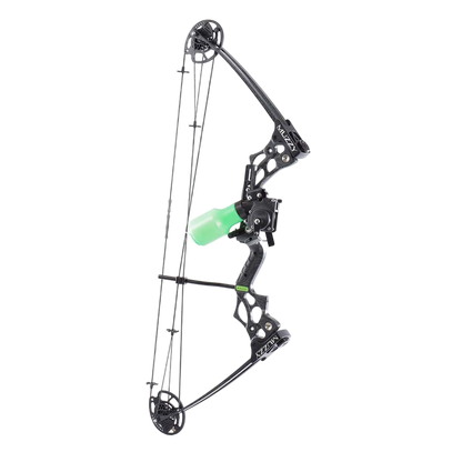 High-performance black compound bow with green grip, designed for archery and bowhunting.