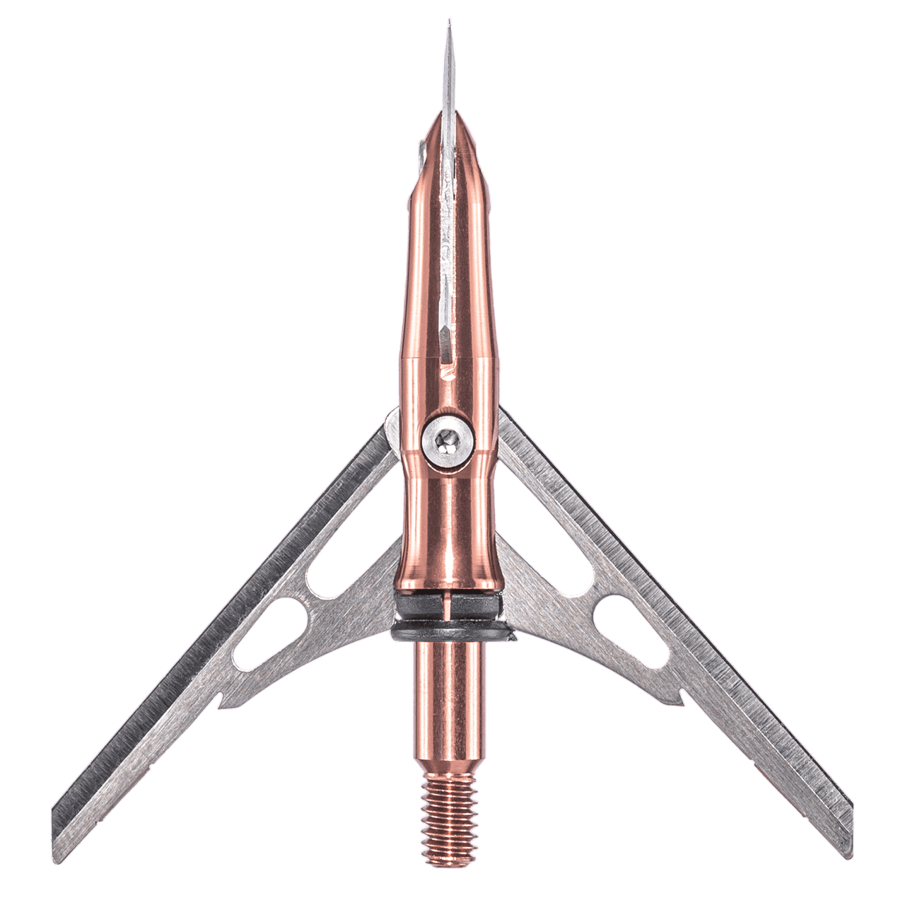 Precision archery broadhead with adjustable blades and carbon steel tip.
