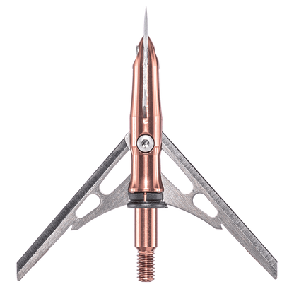 Precision archery broadhead with adjustable blades and carbon steel tip.