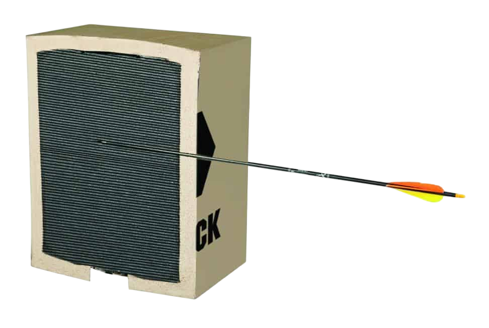 1. Target archery foam block with arrow embedded for bowhunting practice.