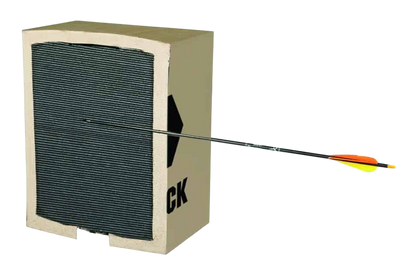 1. Target archery foam block with arrow embedded for bowhunting practice.
