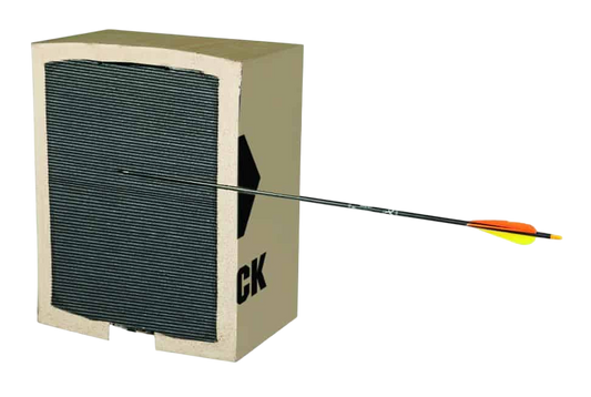 1. Target archery foam block with arrow embedded for bowhunting practice.