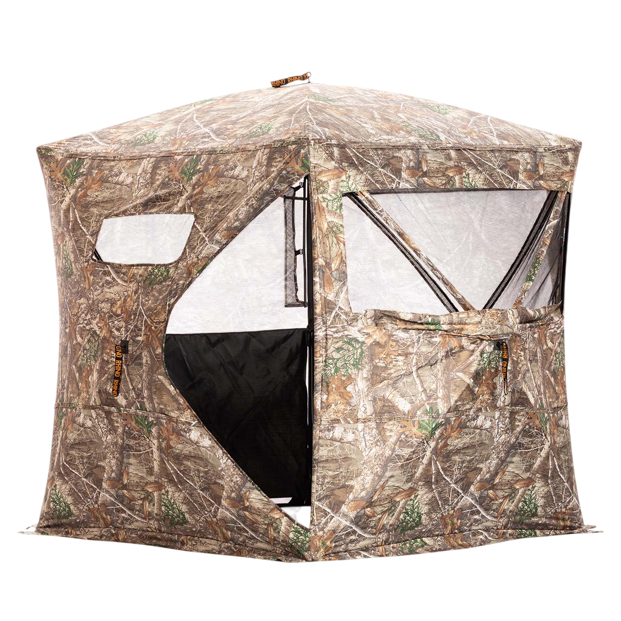 Camouflage hunting blind with mesh windows for outdoor bowhunting, compact and portable.