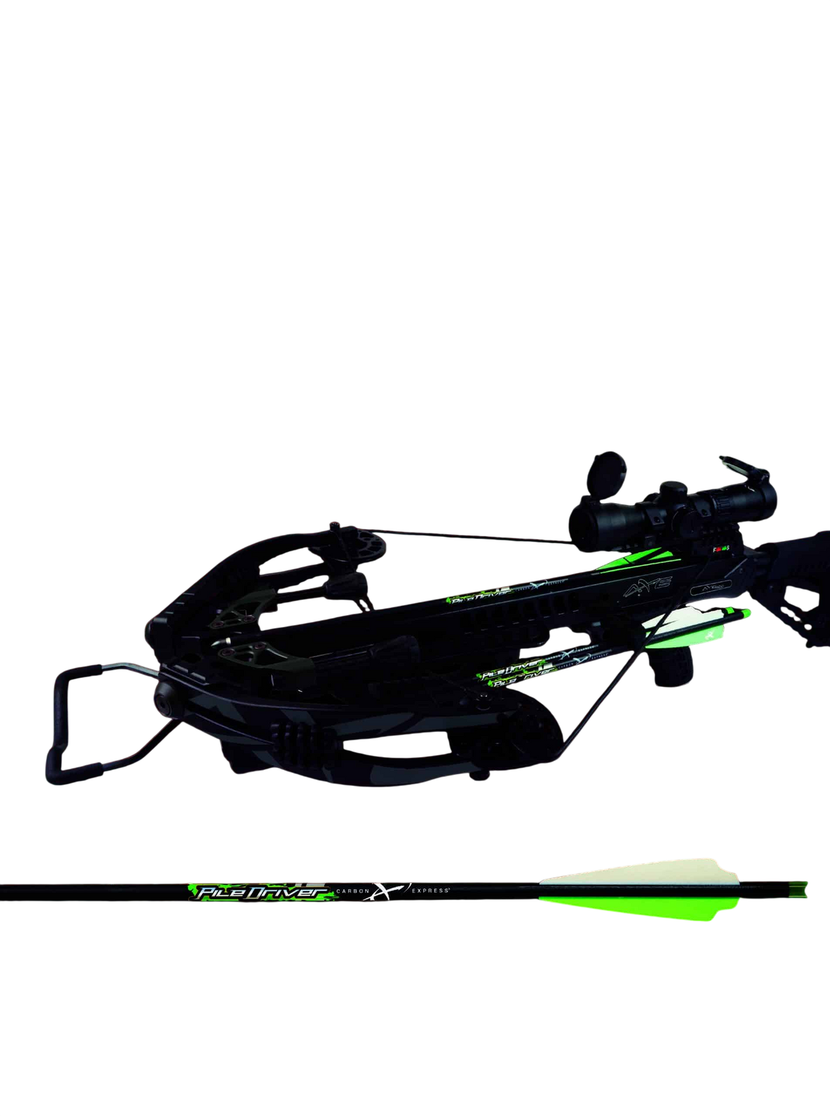 High performance crossbow with scope and sleek adjustable quiver for bowhunting.