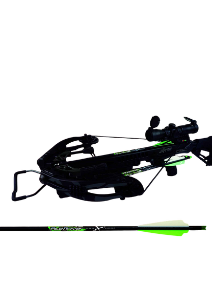 High performance crossbow with scope and sleek adjustable quiver for bowhunting.