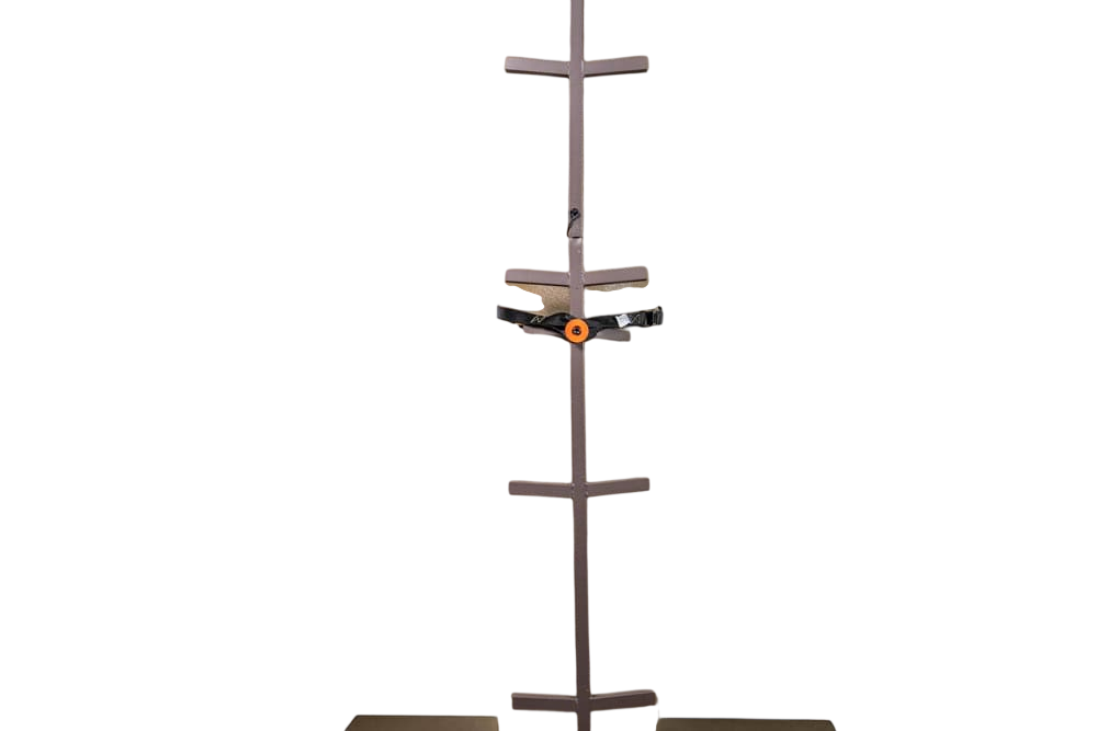 Adjustable bow and archery target stand with straps for archery practice and training.