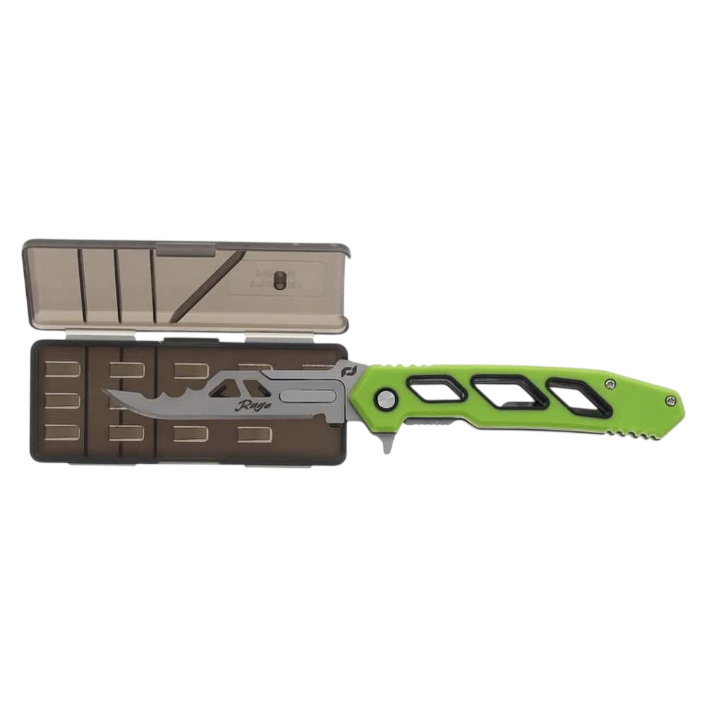 Ultralight tent stake removal tool with bright green handle and compact storage case.