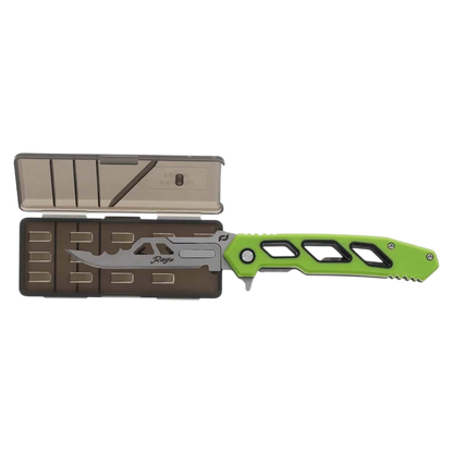Ultralight tent stake removal tool with bright green handle and compact storage case.