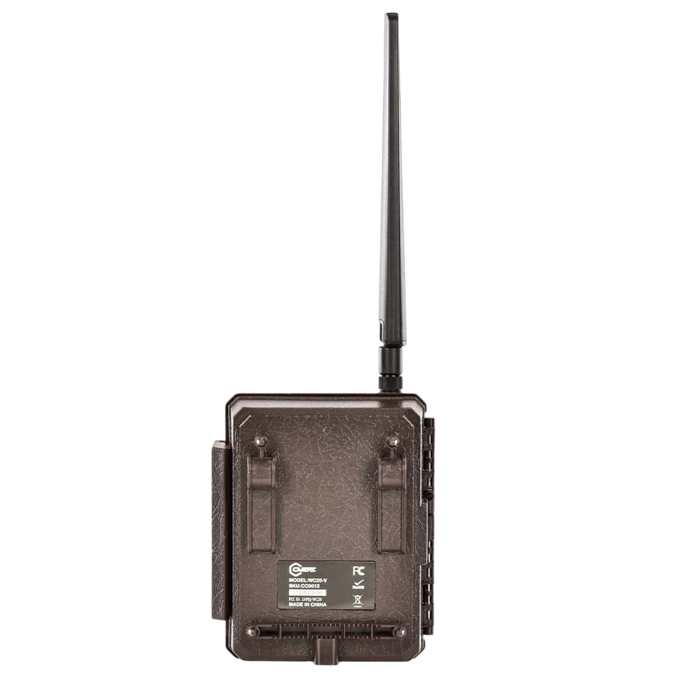 Wireless trail camera with antenna for outdoor hunting security and wildlife monitoring.