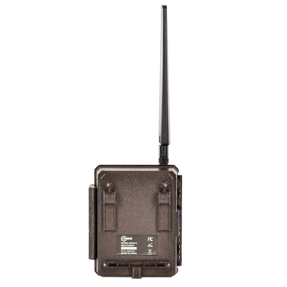 Wireless trail camera with antenna for outdoor hunting security and wildlife monitoring.