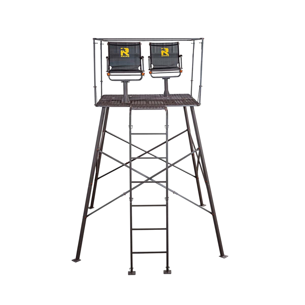 High seat hunting platform with dual chairs and safety railing for bowhunting in the outdoors.