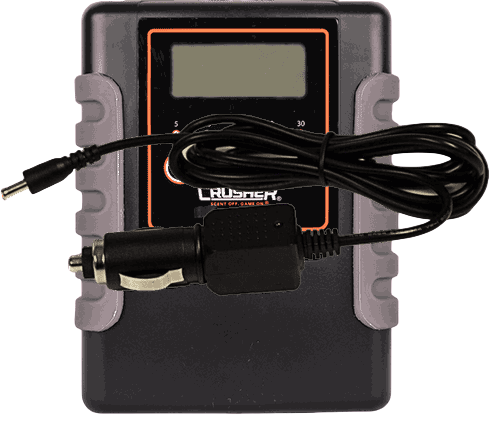 Compact archery and bowhunting electronic device with LCD display and power cable for field use.