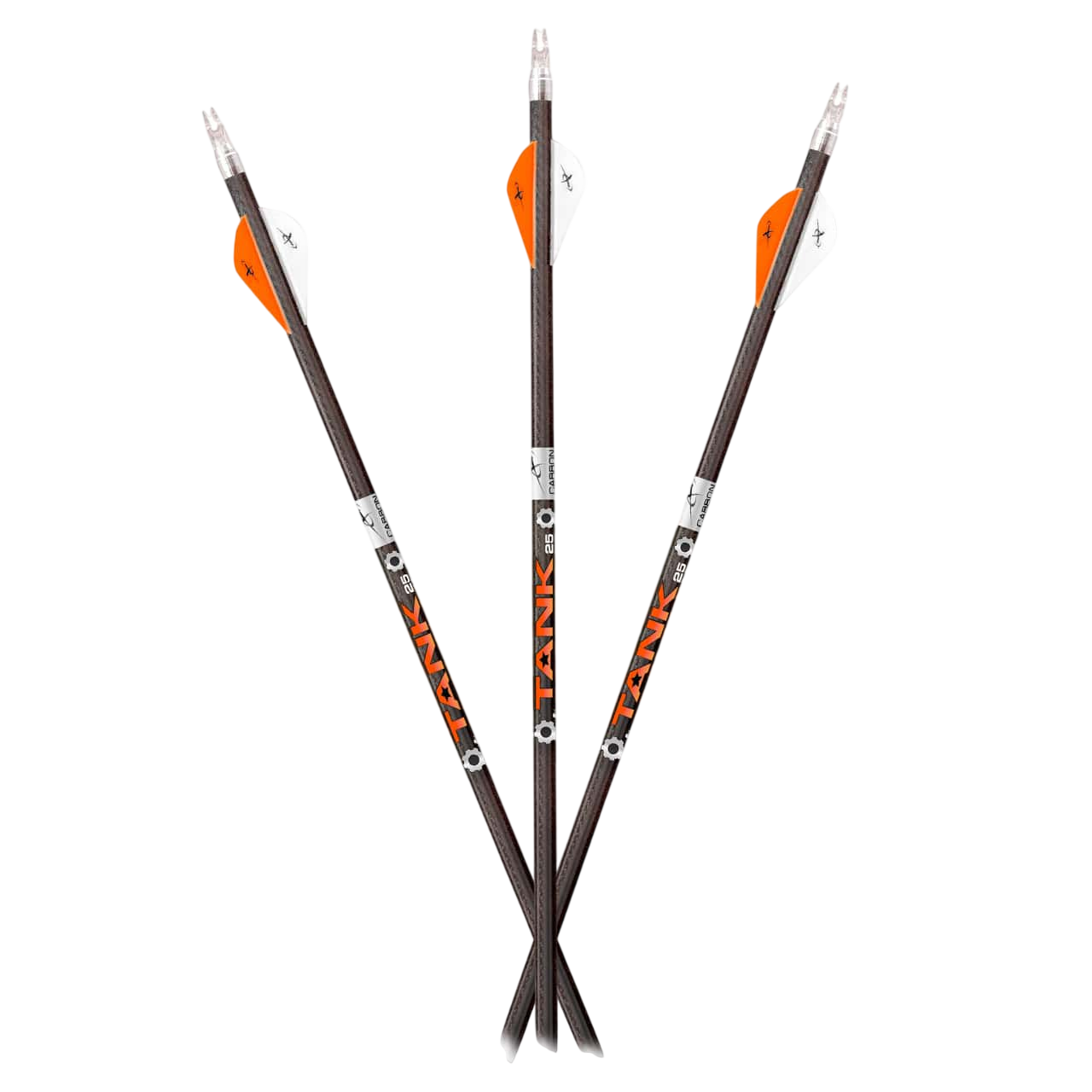 High-performance carbon arrows with orange and white fletching, designed for bowhunting and archery.