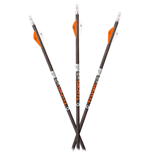 High-performance carbon arrows with orange and white fletching, designed for bowhunting and archery.