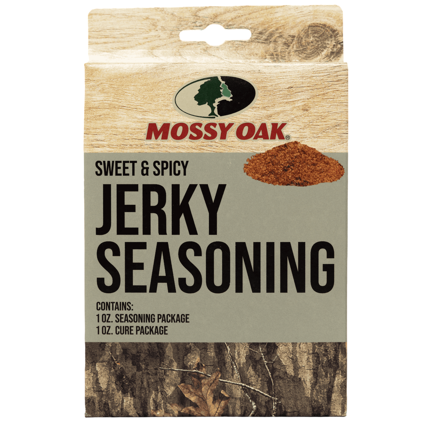Bold text in the image: "Mossy Oak Sweet & Spicy Jerky Seasoning Mix" with a background of wood and forest floor.