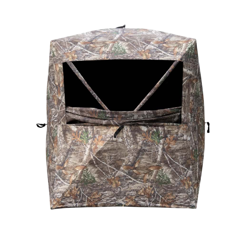 Camouflage bowhunting blind for outdoor archery and hunting adventures.