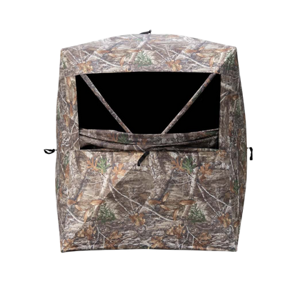 Camouflage bowhunting blind for outdoor archery and hunting adventures.