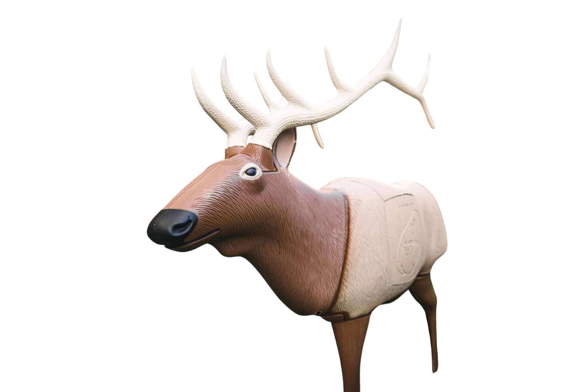 Realistic deer target with antlers, outdoor woodland setting, used for archery practice and hunting training.
