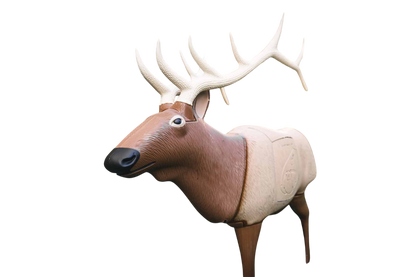 Realistic deer target with antlers, outdoor woodland setting, used for archery practice and hunting training.