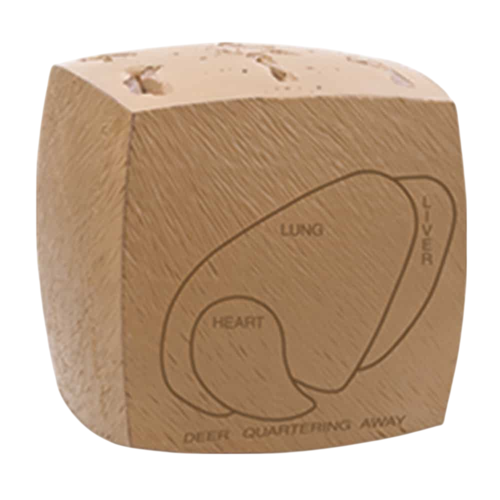 Wooden heart and lung diagram game token for archery and bowhunting outdoor activities.