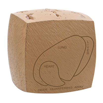 Wooden heart and lung diagram game token for archery and bowhunting outdoor activities.