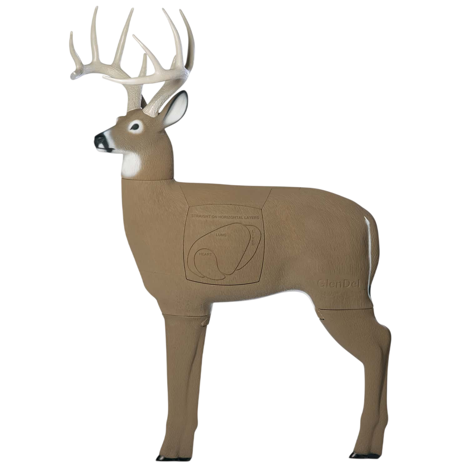 Deer-shaped archery target with detailed print and realistic antlers for bowhunting practice.