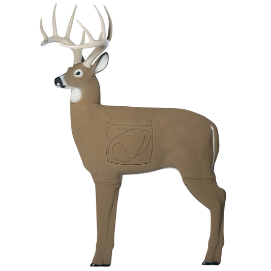 Deer-shaped archery target with detailed print and realistic antlers for bowhunting practice.