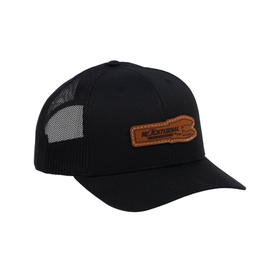 Black trucker cap with leather patch logo, breathable mesh back, and curved brim, perfect for outdoor adventures.