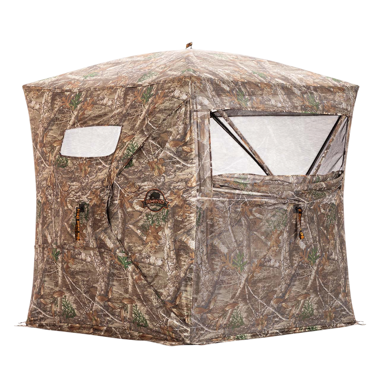 Camouflage hunting blind tent with mesh windows and zippers for bowhunting adventures.