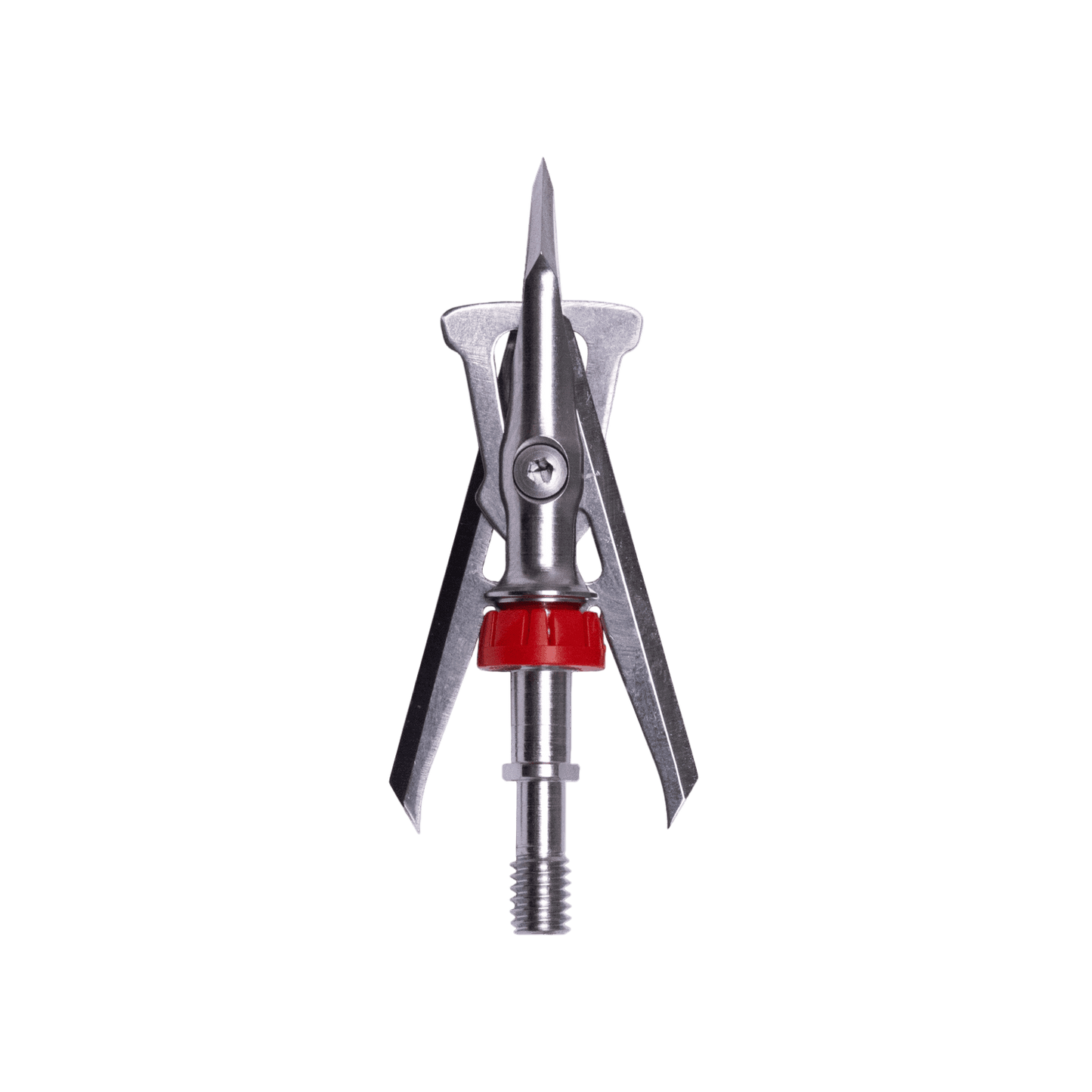 Heavy-duty broadhead arrow tip with metal blades and red locking ring for archery hunting.