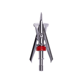 Heavy-duty broadhead arrow tip with metal blades and red locking ring for archery hunting.