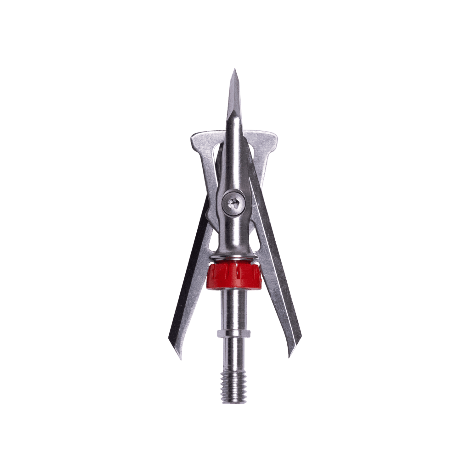 Heavy-duty broadhead arrow tip with metal blades and red locking ring for archery hunting.