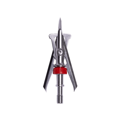 Heavy-duty broadhead arrow tip with metal blades and red locking ring for archery hunting.