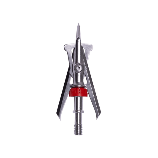 Heavy-duty broadhead arrow tip with metal blades and red locking ring for archery hunting.